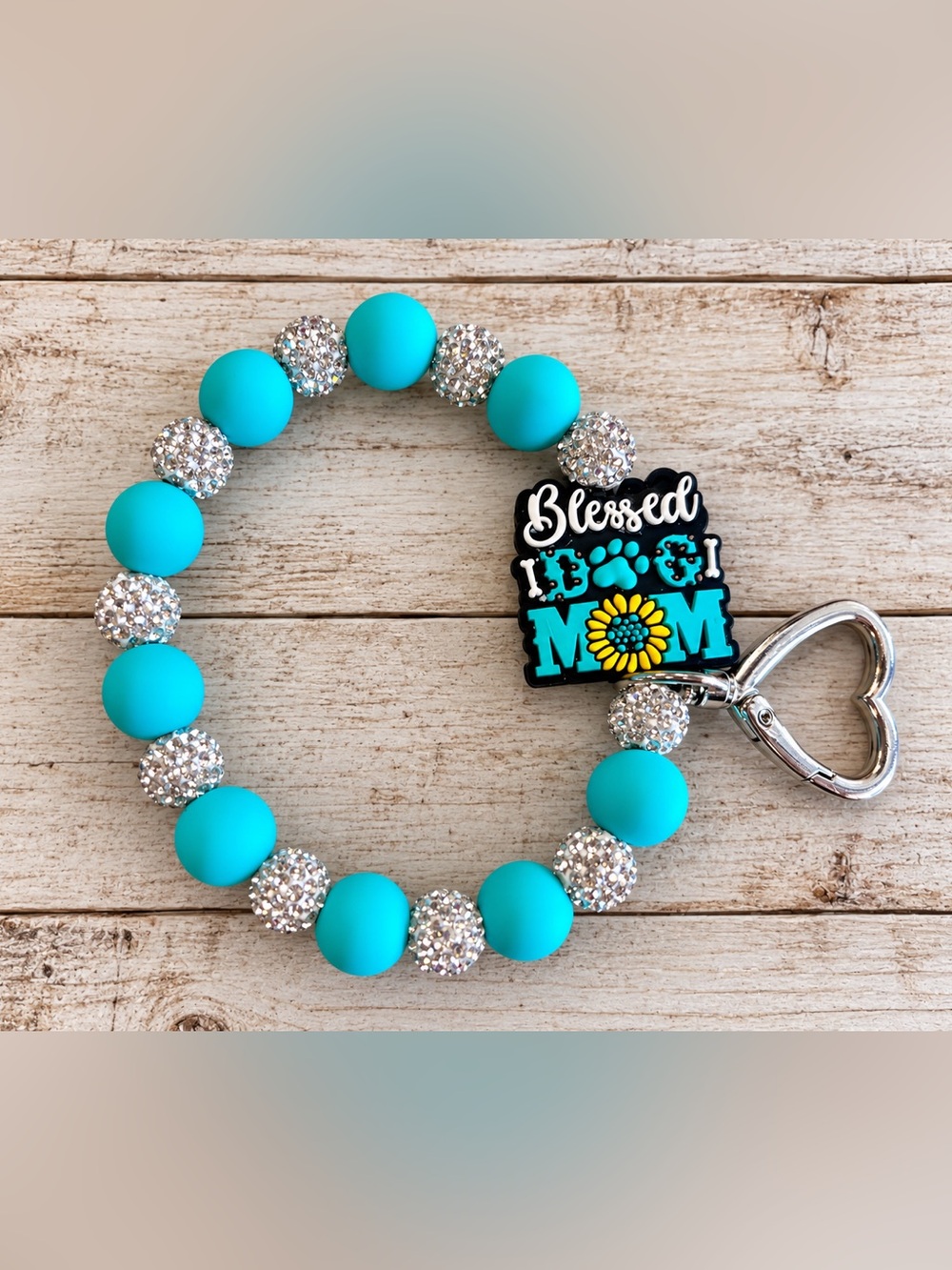 Turquoise Beaded 'Blessed Dog Mom' Key & Card Holder Bracelet